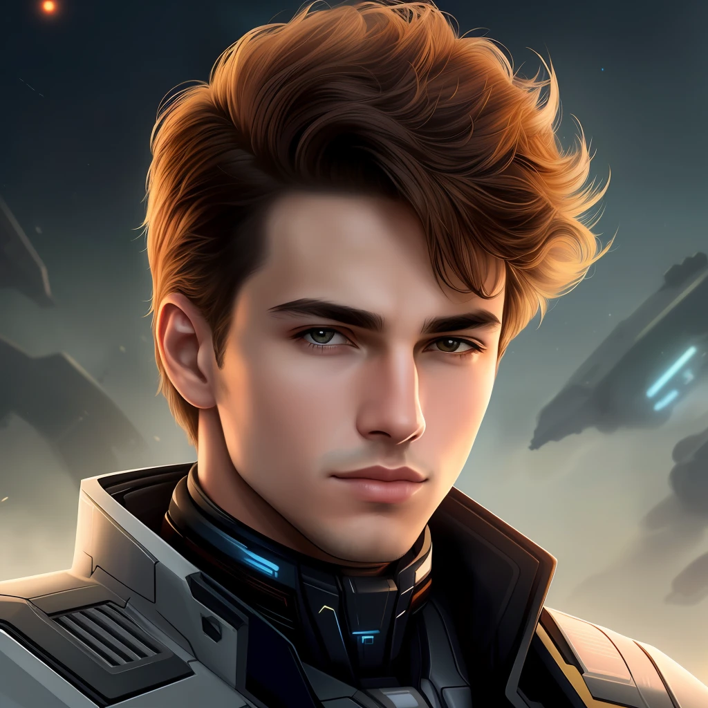 masterpiece, best quality, realistic, ultra detailed, sfw, head shot, a portrait of a young man, starsector, sci-fi style suits, hight-tech gadgets, head facing right,