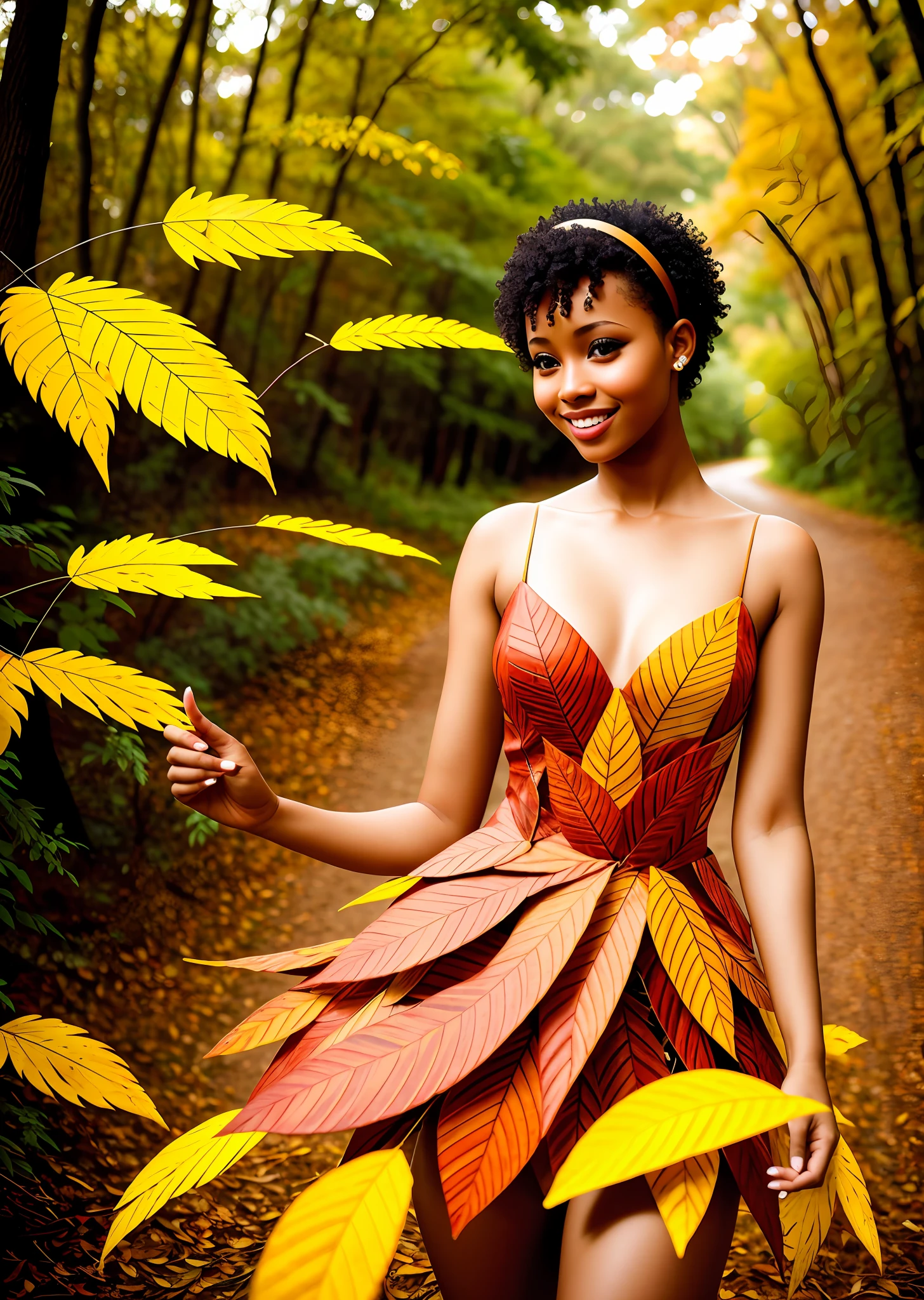 Fashion model photography, leaf ballet dresses, leaves of various shapes and colors, strong sense of design, medium shot, South African girl, short hair, hair accessories, delicate skin, smiling, the background is a wide virgin forest, high texture ,Natural light