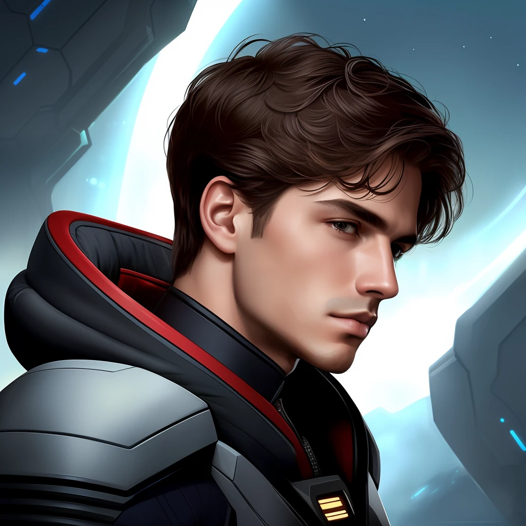 masterpiece, best quality, realistic, ultra detailed, sfw, head shot, a portrait of a young man, starsector, sci-fi style suits, hight-tech gadgets, head facing right,