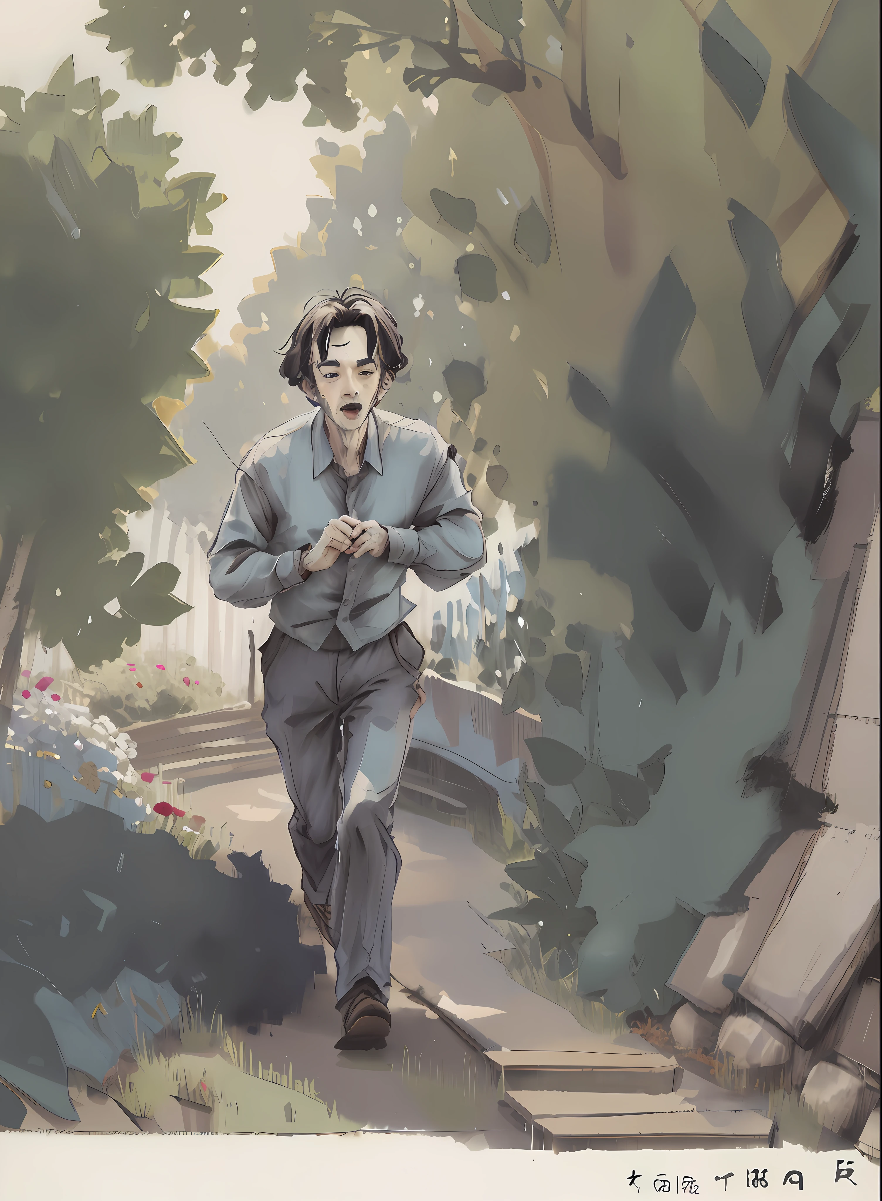 happy man running in the garden
