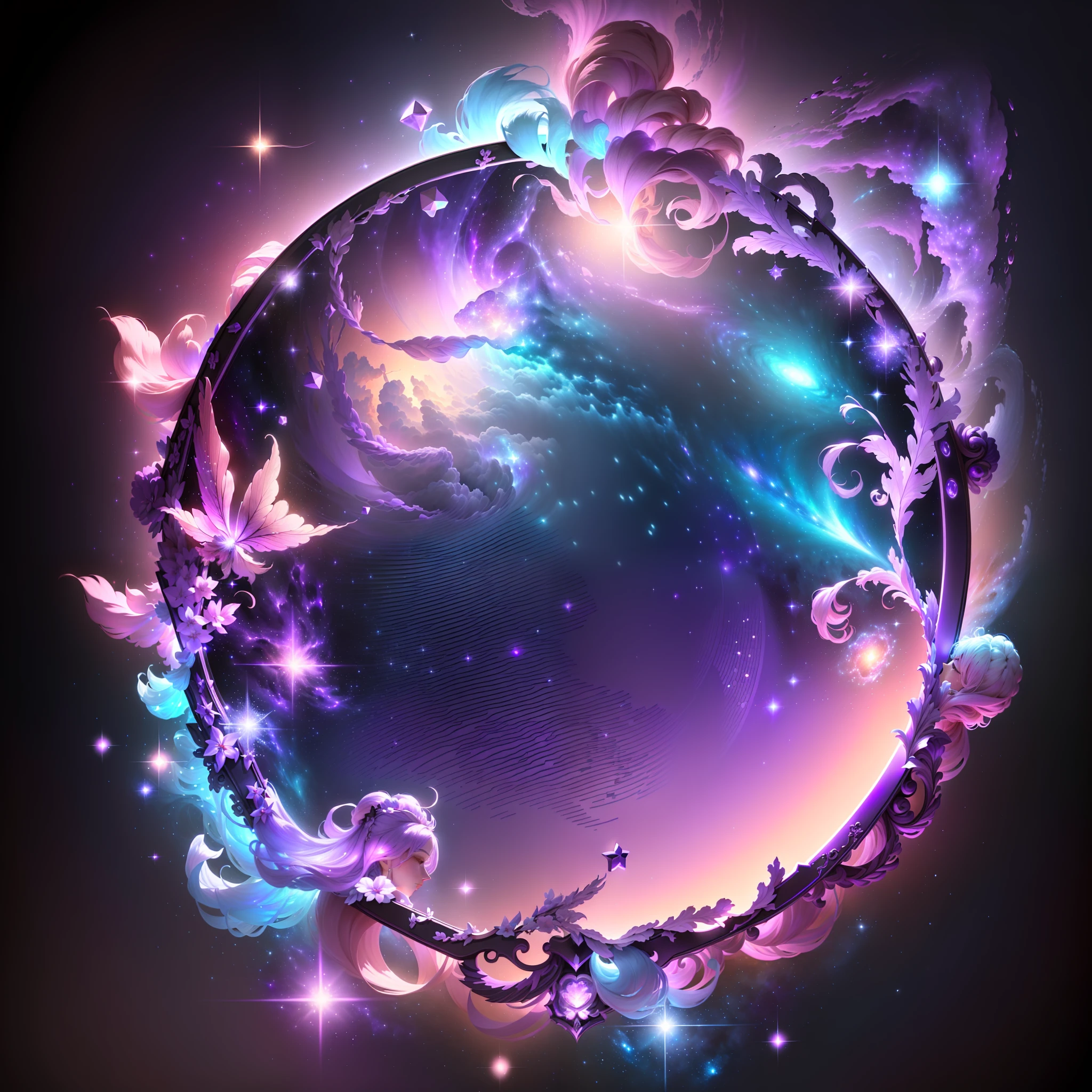 Masterpiece, best quality, super detailed CG unity 8k wallpaper, best illustration, dreamy lilac tones, lots of love elements, romantic love theme, presented on square frame and avatar frame, surrounded by galaxy and glowing stars Surround. (Resolution 8k, UI design, purple tone, love UI, square, galaxy, romantic effect) --v 6