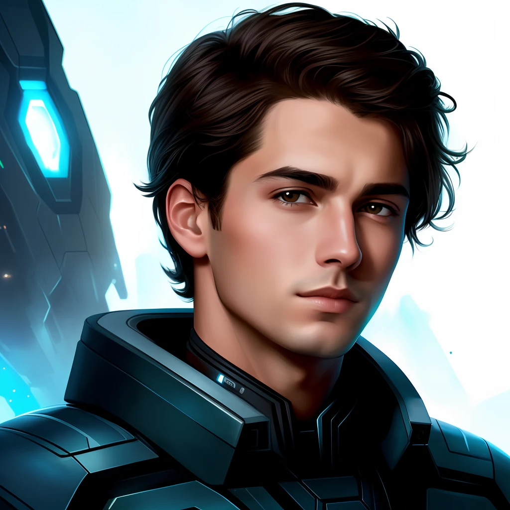 masterpiece, best quality, realistic, ultra detailed, sfw, head shot, a portrait of a young man, starsector, sci-fi style suits, hight-tech gadgets, head facing right,