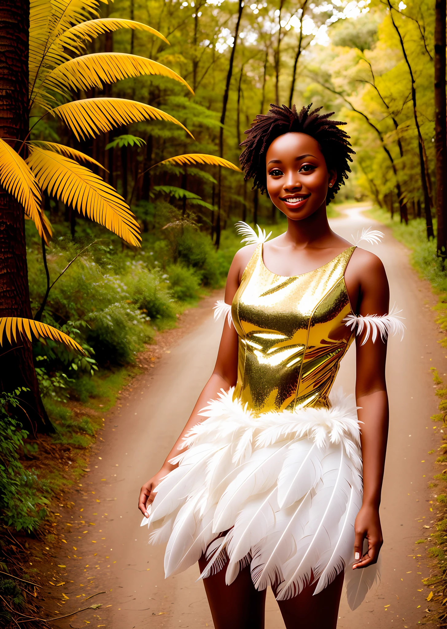 Fashion model photography, feather ballet dresses, feathers of various shapes and colors, strong sense of design, medium shot, South African girl, short hair, hair accessories, delicate skin, smiling, the background is a wide virgin forest, high texture ,Natural light