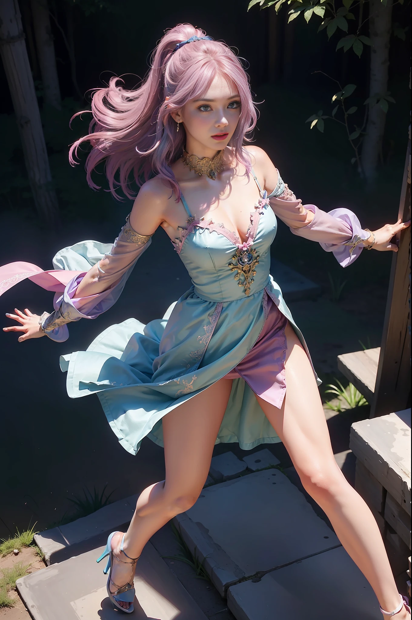 Masterpiece, best quality, (1girl: 1.3), (inside view mode, multidimensional, multicolor), Ned Dameron, David S. LaForce, Arthur Rackham, Craig Mullins, Meredith Dillman (extremely fine CG unity 8k wallpaper, masterpiece , best quality, super detailed), (best lighting, best shadows, extremely delicate and beautiful), floating, high saturation, [(1girl), bright green eyes: 1.5, ((skin texture: 1.3+delicate Face + expression: 1.2)), dynamic pose, (HDR effect), ((dark blue hair: 1.3+pink hair: 1.2+purple hair+white hair: 0.9)|(black hair: 0.9+pink-blue hair: 1.2 )), flowing dress, high slit, dynamic fabric, pointed high heels, ((intricate scene: 1.2+ powerful scene), tense and shocking scene: 0.8]