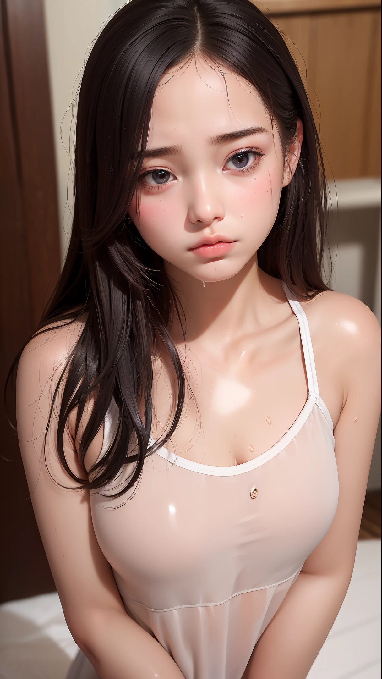 face, (, cute:1.4), beautiful girl, photorealistic, realistic, hyperrealistic, RAW photo, real skin, firm skin, masterpiece, looking at viewer, tearfilled eyes, drunken eyes, full-face blush, sad, (shiny skin:1.3), (sweaty skin:1.2), cum on tongue