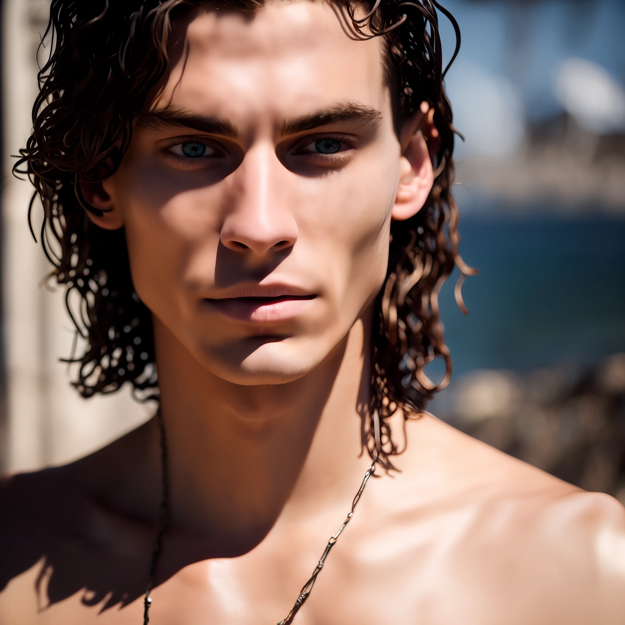 arafed man with wet hair and a necklace on his neck, beautiful young man, gorgeous young model, zac retz, perfect handsome face, beautiful male face, young man with beautiful face, handsome detailed face, beautiful model, by Seb McKinnon, perfect face and boy, lean man with light tan skin, male model, anato finnstark. perfect faces