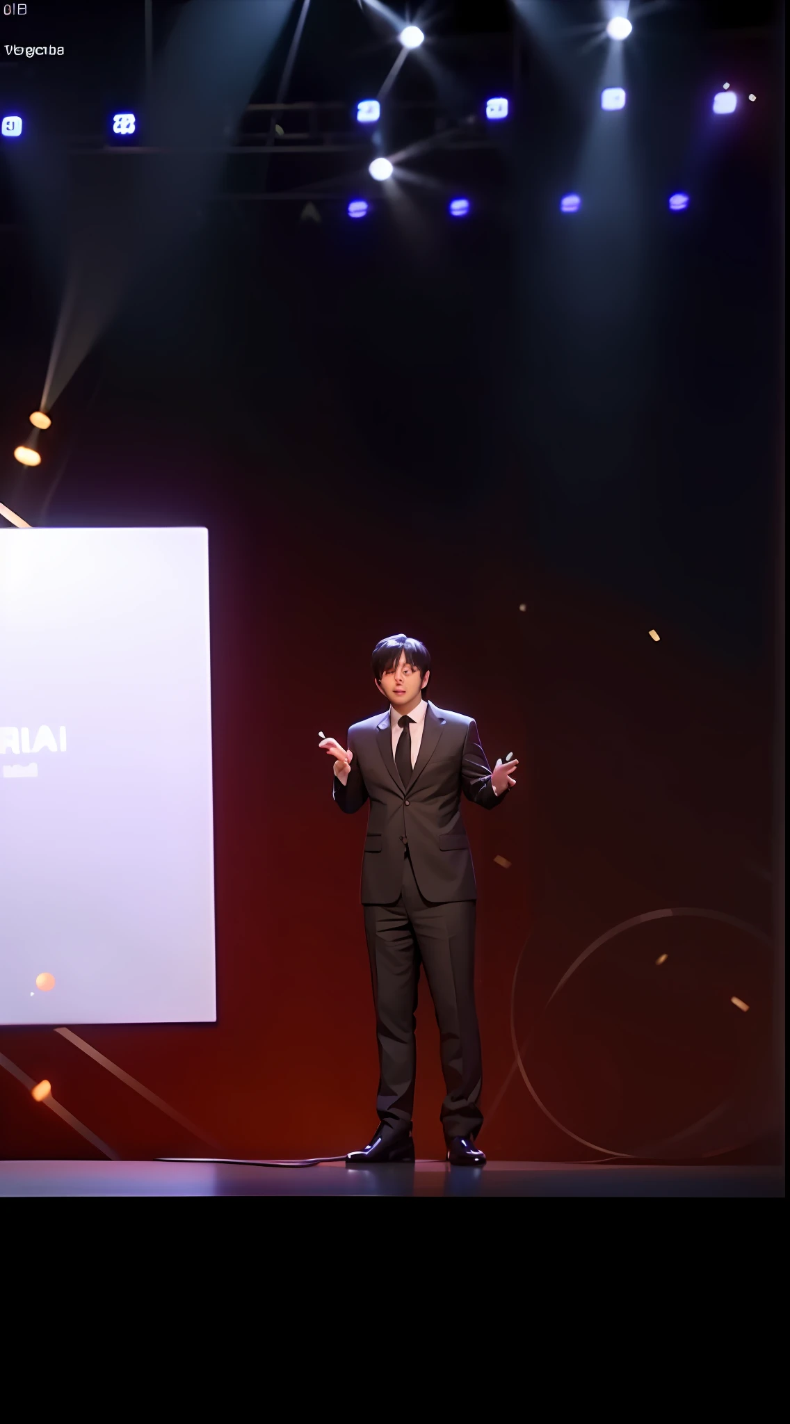 arafed man in a suit standing on stage with a microphone, youtube video screenshot, corporate holograms, inspired by Ding Yunpeng, holographic projection, justin sun, instagram post, youtuber, huge holograms, cai xukun, a hologram, data holograms, trailer, julian ope, projection mapping, inspired by Ding Guanpeng, screengrab