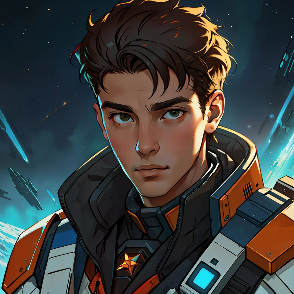 masterpiece, best quality, realistic, ultra detailed, sfw, head shot, a portrait of a young man, starsector, sci-fi style suits, hight-tech gadgets, head facing right,