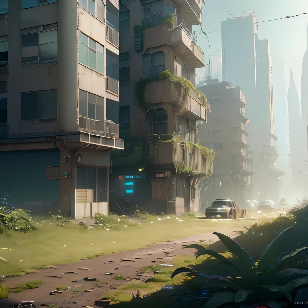 (extremely detailed CG unity 8k wallpaper,masterpiece, best quality, ultra-detailed) ,(best illumination, best shadow, an extremely delicate and beautiful) ,(cyberpunk ruined city),(destruction, abandonment of dystopian society),(overgrown plants, moss, sunny weather),(dystopian, apocalypse)::0.9, photo taken far away from the city