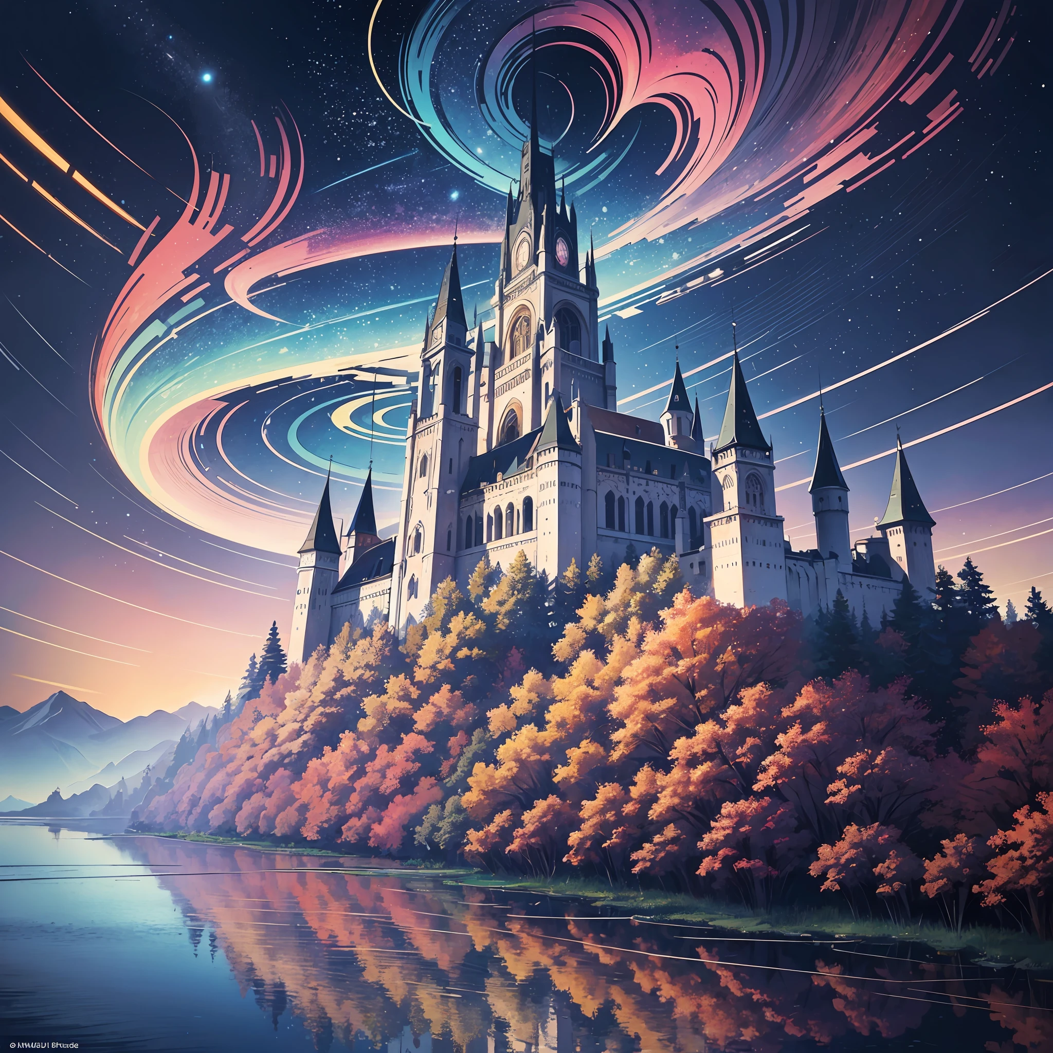 (masterpiece, top quality, best quality, official art, beautiful and aesthetic:1.2), extreme detailed,(fractal art:1.3),colorful,highest detailed in ultra detailed complex medieval castle, evil aura, lake, river, snow mountains,(best-quality:0.8), (best-quality:0.8), perfect anime illustration, BREAK saturn, bubbling acid --v6