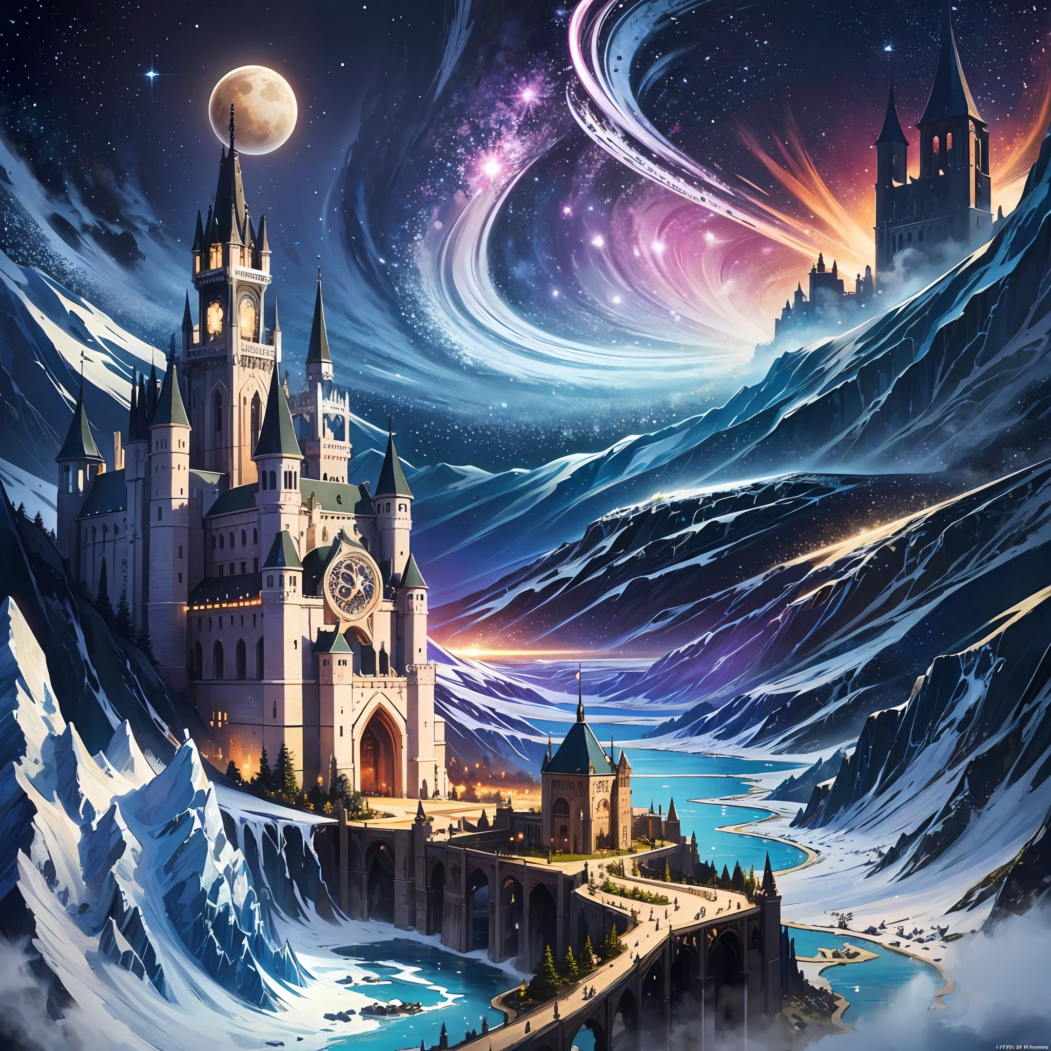 (masterpiece, top quality, best quality, official art, beautiful and aesthetic:1.2), extreme detailed,(fractal art:1.3),colorful,highest detailed in ultra detailed complex medieval castle, evil aura, lake, river, snow mountains,(best-quality:0.8), (best-quality:0.8), perfect anime illustration, BREAK saturn, bubbling acid --v6