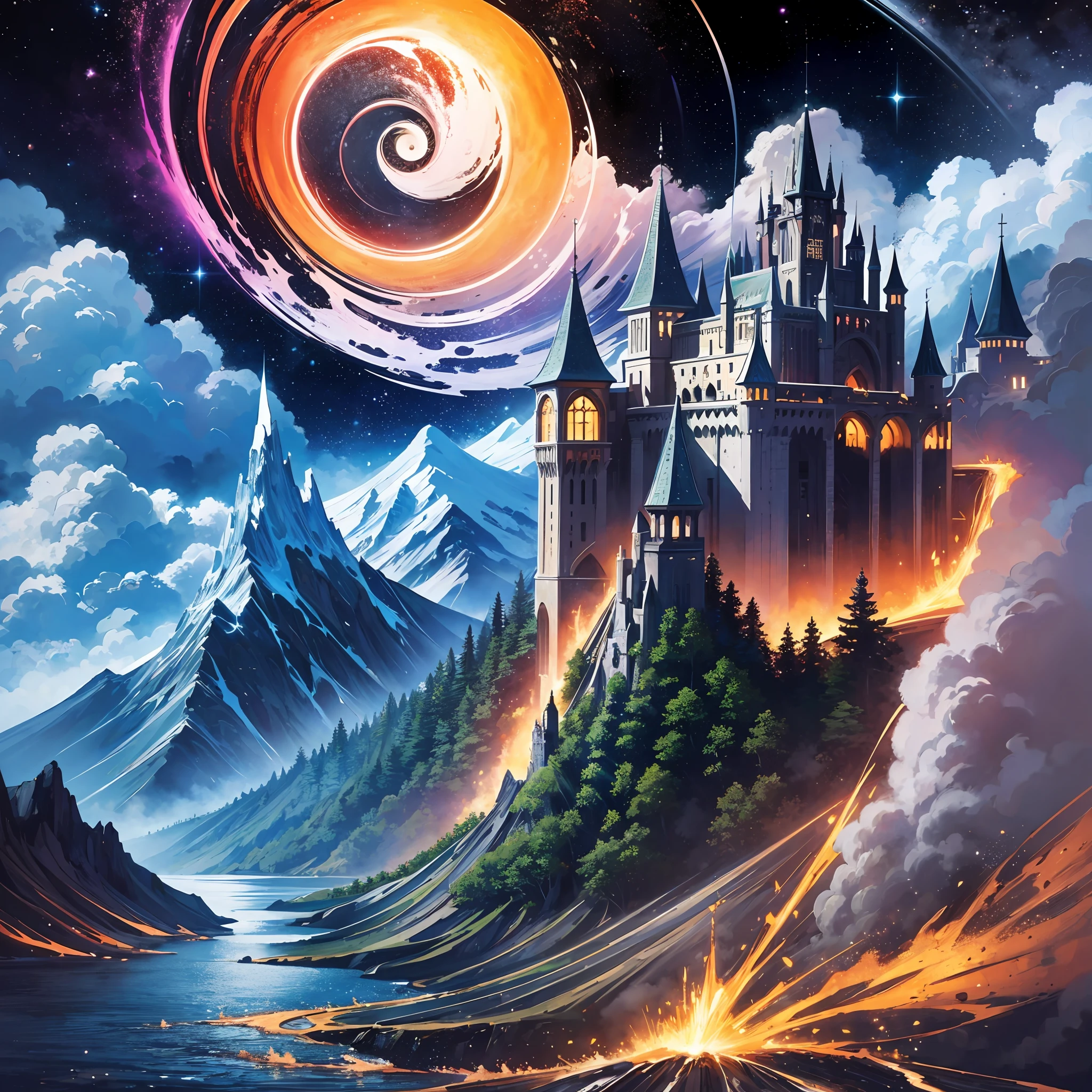 (masterpiece, top quality, best quality, official art, beautiful and aesthetic:1.2), extreme detailed,(fractal art:1.3),colorful,highest detailed in ultra detailed complex medieval castle, evil aura, lake, river, snow mountains,(best-quality:0.8), (best-quality:0.8), perfect anime illustration, BREAK saturn, bubbling acid --v6