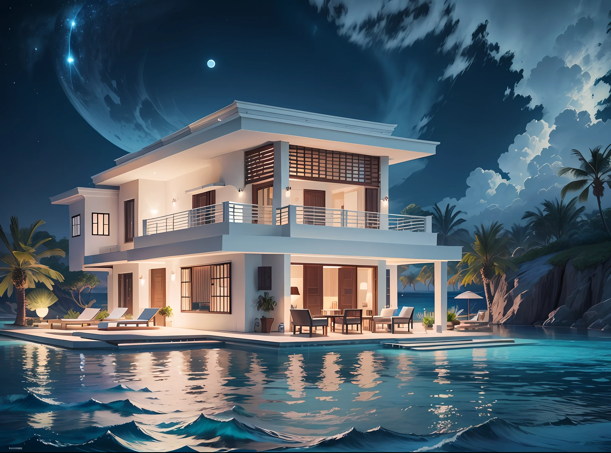 An island with a two-storey villa on a blue sea, film style, moonlight, panorama, architectural rendering, detail, award winning, masterpiece, highest quality --v 6