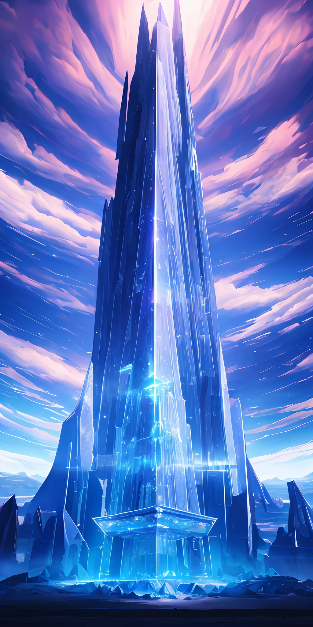 Illustration of a surreal, otherworldly, super sky scene, including a crystal tower reaching to the sky, textured high detail, 8k, best quality