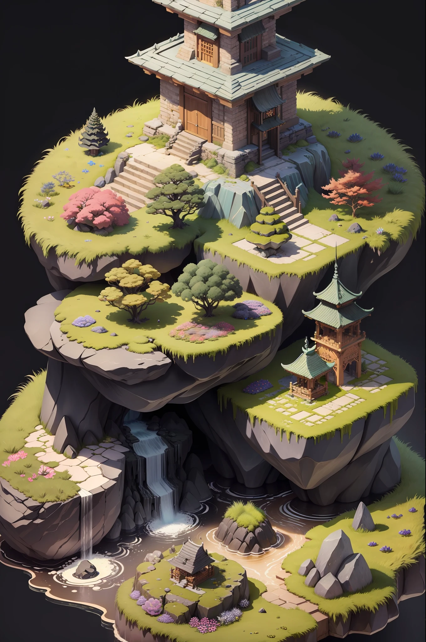 [(black background:1.5),::5], (isometric 3d art of floating rock citadel), (moon:0.95),  cobblestone, flowers, verdant, stone, moss, fish pool, (waterfall:1.2), idyllic, japanese structure --v 6