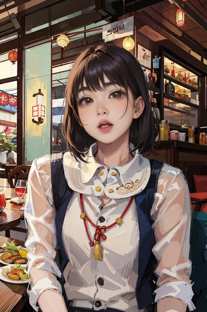 araffe asian woman sitting in a restaurant with a guitar, with short hair, 19-year-old girl, ulzzang, korean girl, young cute wan asian face, 🤤 girl portrait, young and cute girl, with round face, south east asian with round face, girl cute-fine-face, xintong chen, gorgeous young korean woman