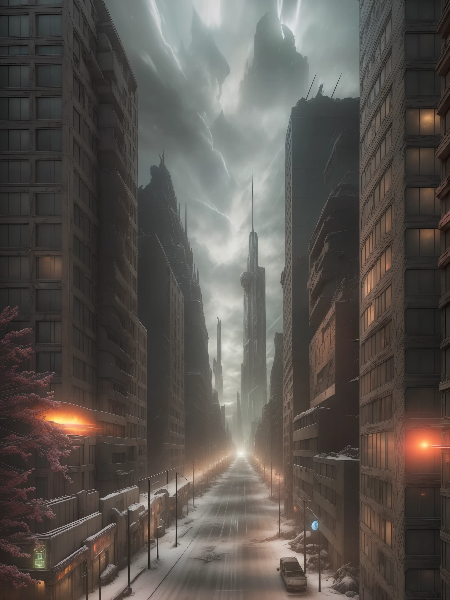 end of the world, epic realistic, (hdr:1.4), (muted colors:1.4), apocalypse, freezing, abandoned, neutral colors, night, screen space refractions, (intricate details), (intricate details, hyperdetailed:1.2), artstation, cinematic shot, vignette, complex background, buildings, snowy, fallout, art deco, war-torn city, retro --v 6