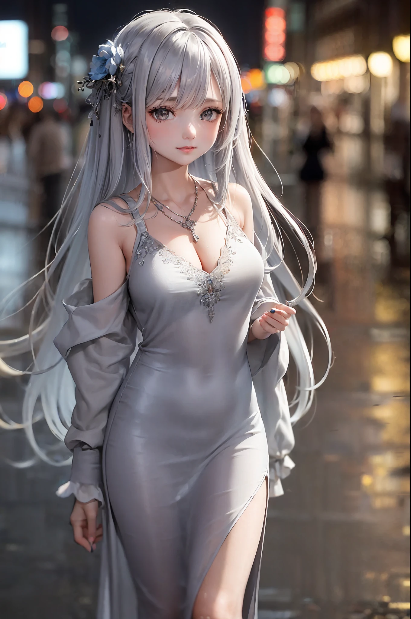 (8k, best quality, masterpiece:1.2),1girl,hair ornament, portrait, (long loose silver revealing dress:1.1), necklace, blue nails,cute,cityscape, night, rain, wet, professional lighting, photon mapping, radiosity, physically-based rendering,(mature female:1.3), (intricate detailed , taut clothes, hair ornament :1.2),