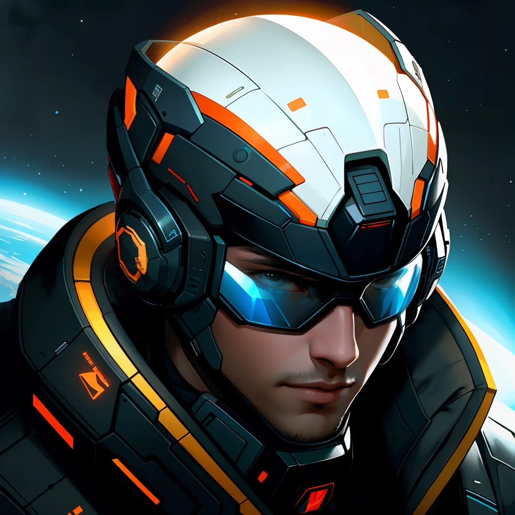 masterpiece, best quality, realistic, ultra detailed, sfw, head shot, a portrait of a young man, starsector, sci-fi style suits, hight-tech gadgets, head facing right,