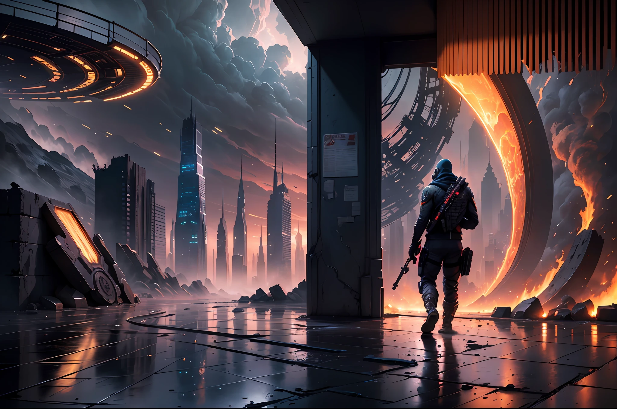 (very detailed CG unity 8k wallpaper), (masterpiece), (best quality: 1.2), (high resolution), (illustration: 1.1), (movie lights: 1.1), fine, intricate details, (best illustration), 8k resolution, intricate detail, best quality, realistic, ultra detailed, best lighting, best shadows, ultra hd, cryengine, ultra hd, (detailed reflections), detailed shadows , (((Complicated Details))), Smooth, ((Perfect Shadows)), High Quality Metallic, Metallic Shine, Highly Detailed Illustrations, (Semi-Realistic: 1.6), (Wide-Angle Lens: 1.2), Futuristic Cities, fire explosions in the distance, smoke rising from skyscrapers after a nuclear explosion, wet roads, puddles, (((Ghost Recon inspired))), street view, dynamic camera angles, (war zone), (((high quality Detailed ruins))), (depth of field), ((film lighting)), ((horror)), ((dark fantasy)), lovecraftian, spot color, flat, red, blood splatter, (best illumination), (hyper intricate details), ((ultra-detailed)), 4k unity, (extremely detailed CG:1.2 ), (8k:1.1), ((landscape)), Artstation, ((sui isida, Lin Wenjun, stefan morrell)), reverse utopian art, apocalyptic art, ((semi-realistic)), (realistic) , (dynamic), (nixeu_basic2:0.5),--v6