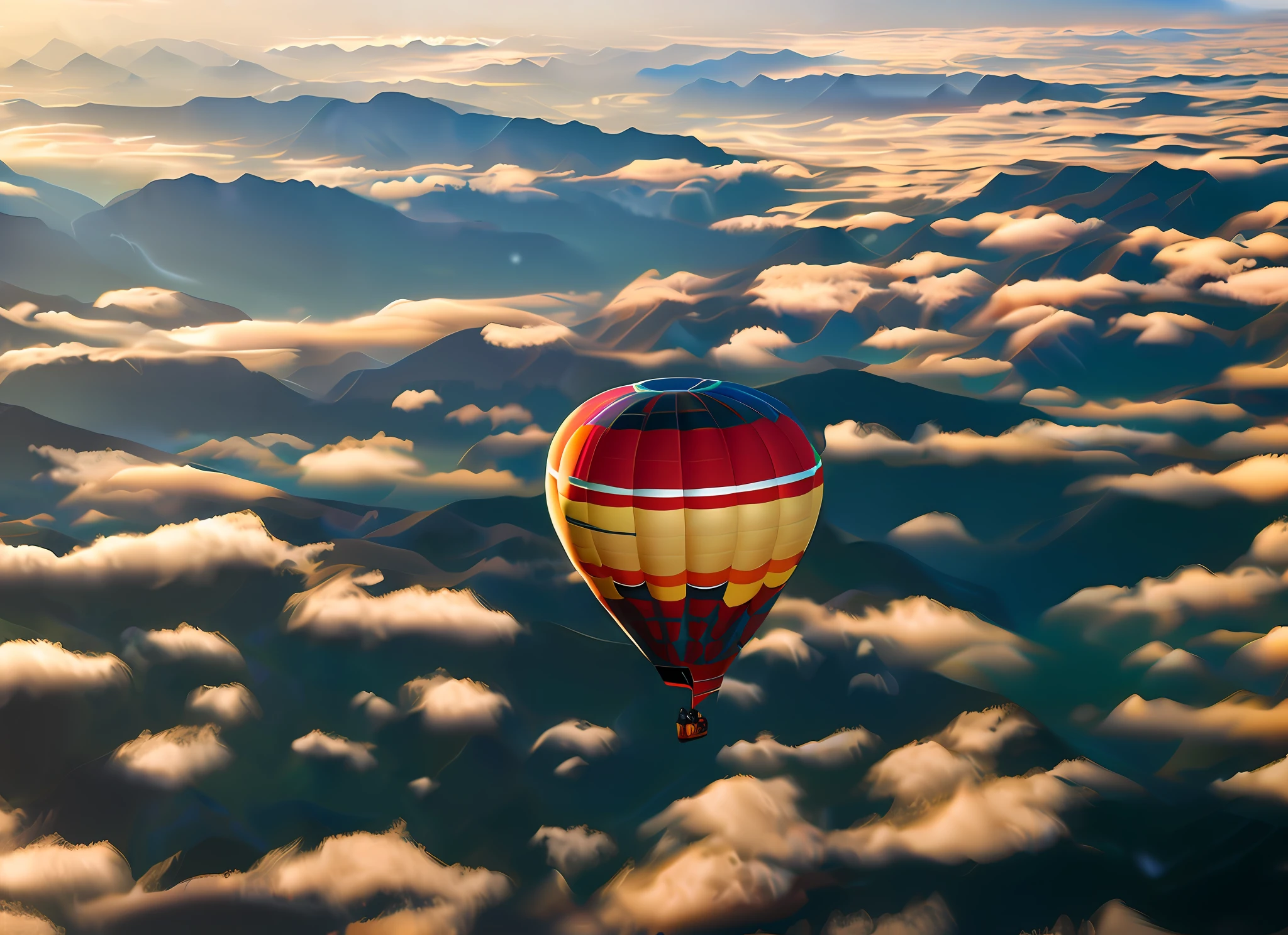 Ultra-clear image quality (masterpiece), wide-angle lens, high-altitude hot air balloon foreground, realistic natural light and shadow, few clouds, fertile valley: 1.5, towering mountains, natural vegetation, delta, sun, 8k, photo, wallpaper