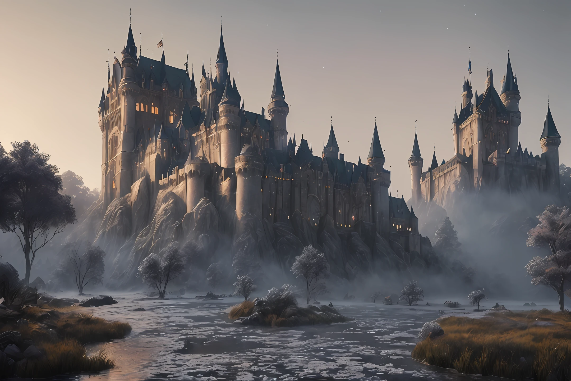 a medieval magic festival on a moonlit night, In the center of the image is 1 stunning Gothic castle that serves as the backdrop for the magic performances and activities taking place. Enchanted light effects add to the ethereal atmosphere of the scene,The color scheme is rich jewel tones with gold accents, adding to the magical vibe,elegant,fantasy, global illumination, backlighting,bloom, ((cold light)), sharp focus, photo realistic, background out of focus, cinematic composition , ultra-detailed, realistic , hyper-realistic , volumetric lighting, 8k, trending on artstation