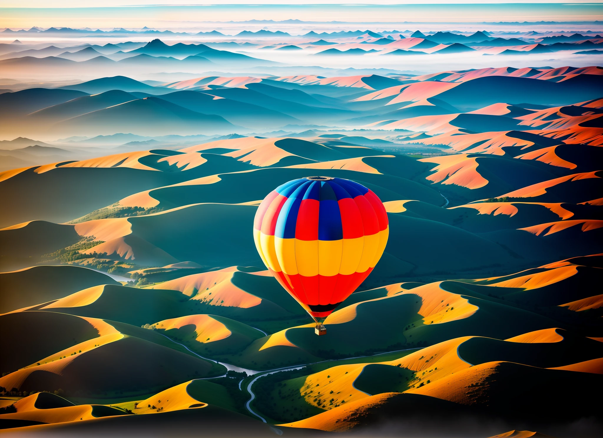 Ultra-clear picture quality (a masterpiece), wide-angle lens captures the foreground of high-altitude hot air balloons and towering mountains, perfectly captures natural vegetation and deltas, and makes you feel the warmth of the sun. 8K resolution + natural light and shadow, while paying attention to the rich colors of realistic clouds, presents an amazing atmospheric masterpiece-level wallpaper.