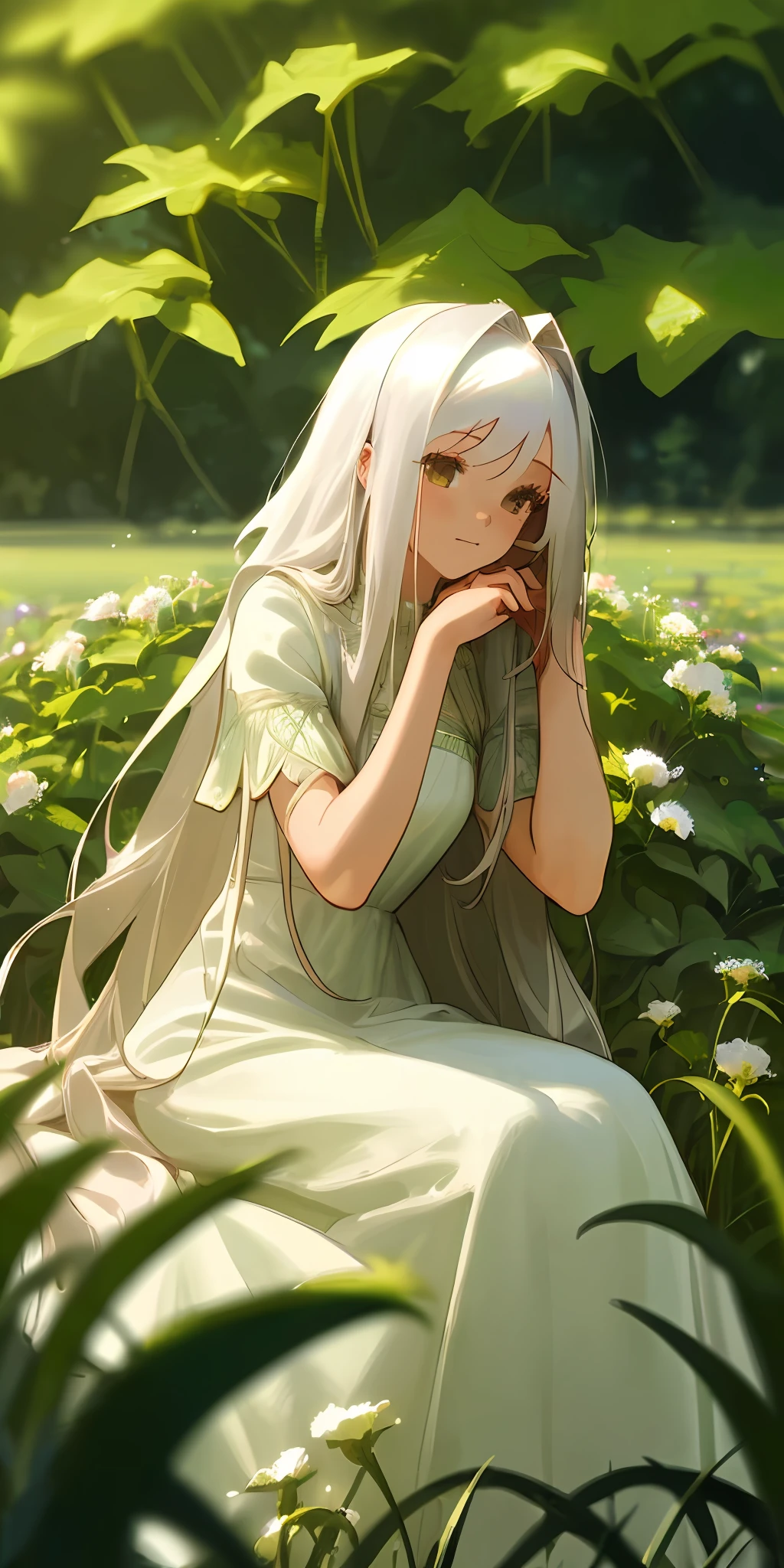 (masterpiece, best quality),1girl with long white hair sitting in a field of green plants and flowers, her hand under her chin, warm lighting, white dress, blurry foreground