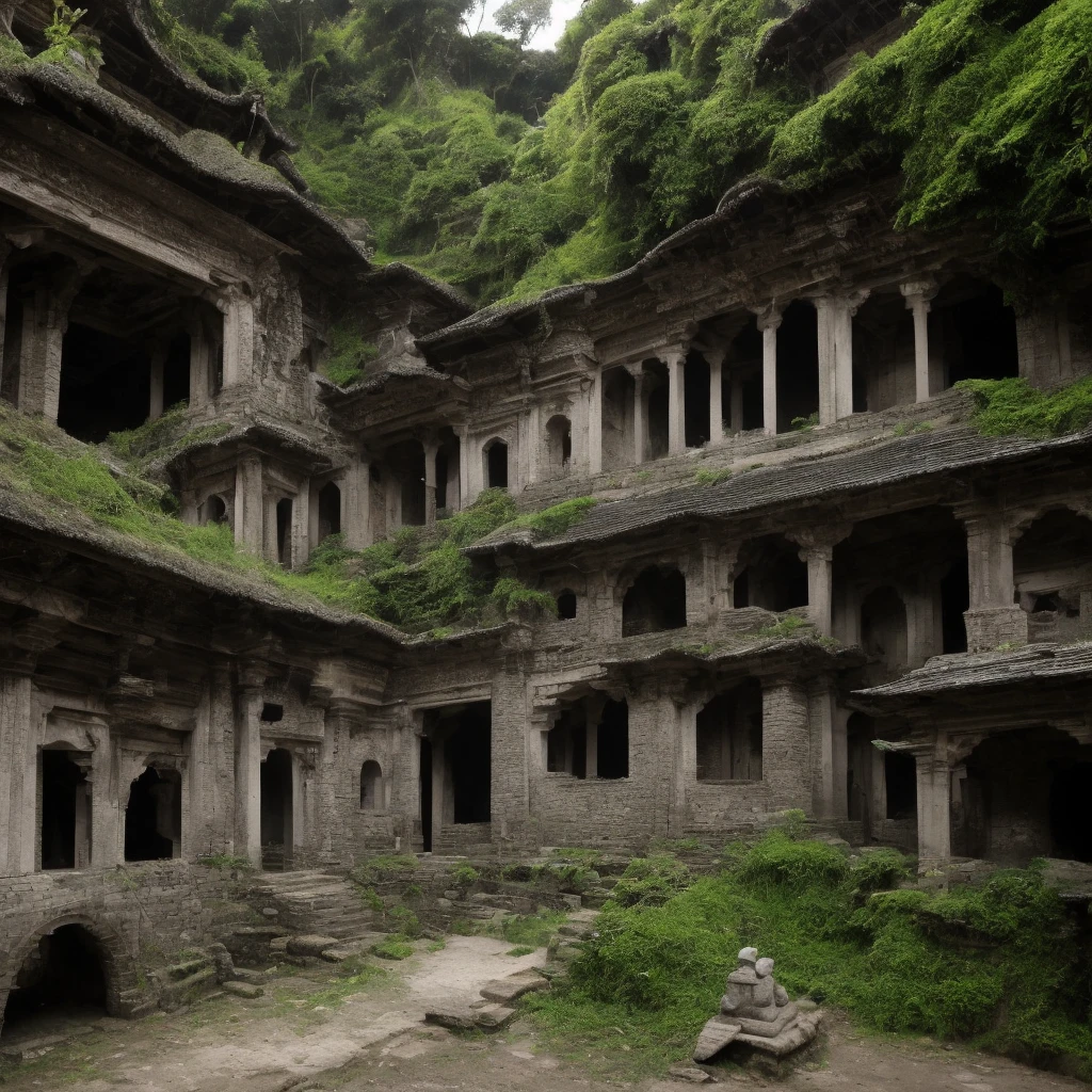 Decaying temples, abandoned marketplaces, overgrown courtyards, intricately carved stone gateways, wind-worn pagodas, scattered fragments of pottery and jade, crumbling defensive walls, overhead wooden eaves, iconic red lanterns swaying in the wind, hidden underground chambers, mysterious symbols etched into stone, vines and moss clinging to ancient structures, dilapidated tea houses, weathered stone bridges spanning a dried-up river bed.