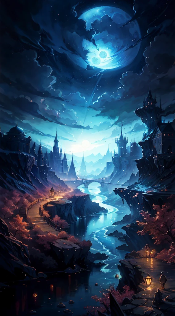 a painting of a river with a full moon in the background, digital art inspired by Andreas Rocha, pixiv contest winner, fantasy art, magical landscape, magical environment, beautiful anime scenery, detailed dreamscape, beautiful anime scene, night scenery, magical dream-like atmosphere, moonlit starry sky environment, anime landscape wallpaper, anime background art, painting of a dreamscape