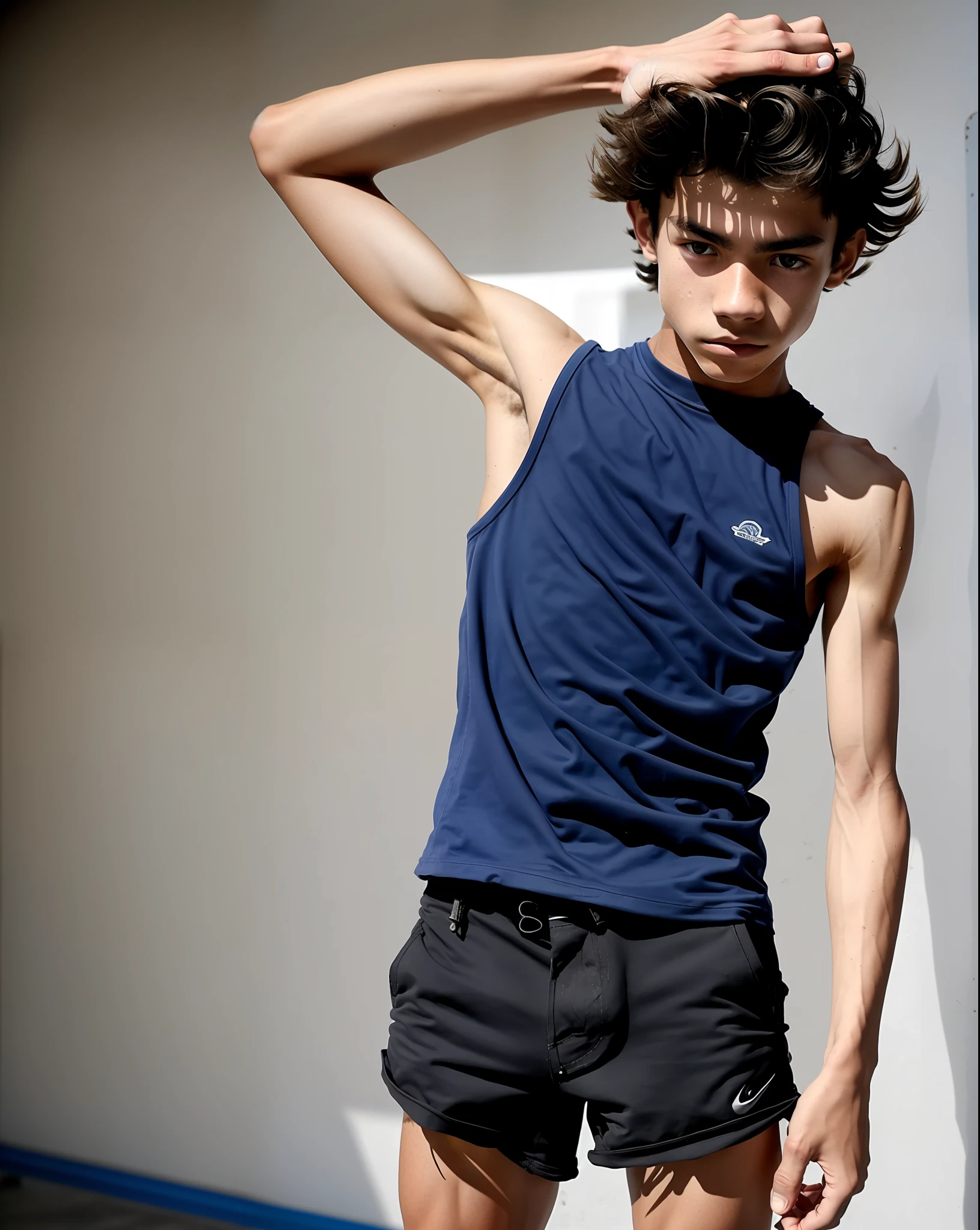 sweaty skater boy, 15 years old, wearing tank top, arm behind head, some dark wispy armpit hair, lean, not muscular,(city),athletic body,(thin waist),skinny, detailed eyes,solo,flat chest,solo masterpiece, best quality