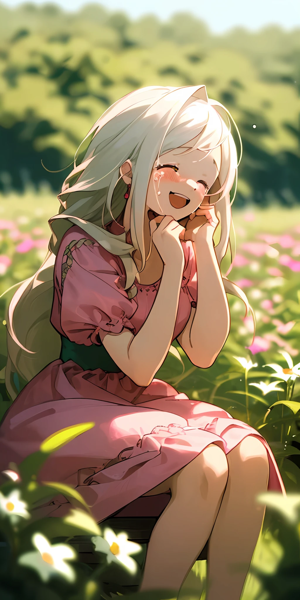 (Masterpiece, best quality), 1 long happy white haired girl sitting in a field of green plants and flowers, one of her hands holds a laughing and crying emoji sign, one hand Biye, warm lighting , pink dress, blurry foreground
