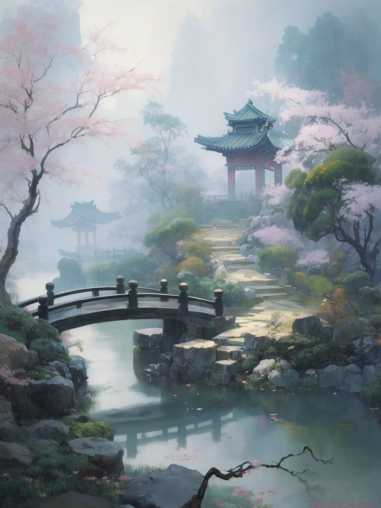 painting of a japanese garden with a bridge and a pond, ross tran. scenic background, inspired by sung choi, inspired by Fenghua Zhong, wlop and ross tran, scenery artwork, inspired by Kim Hong-do, beautiful art uhd 4 k, ross tran 8 k, inspired by Yeong-Hao Han, by Fan Qi
