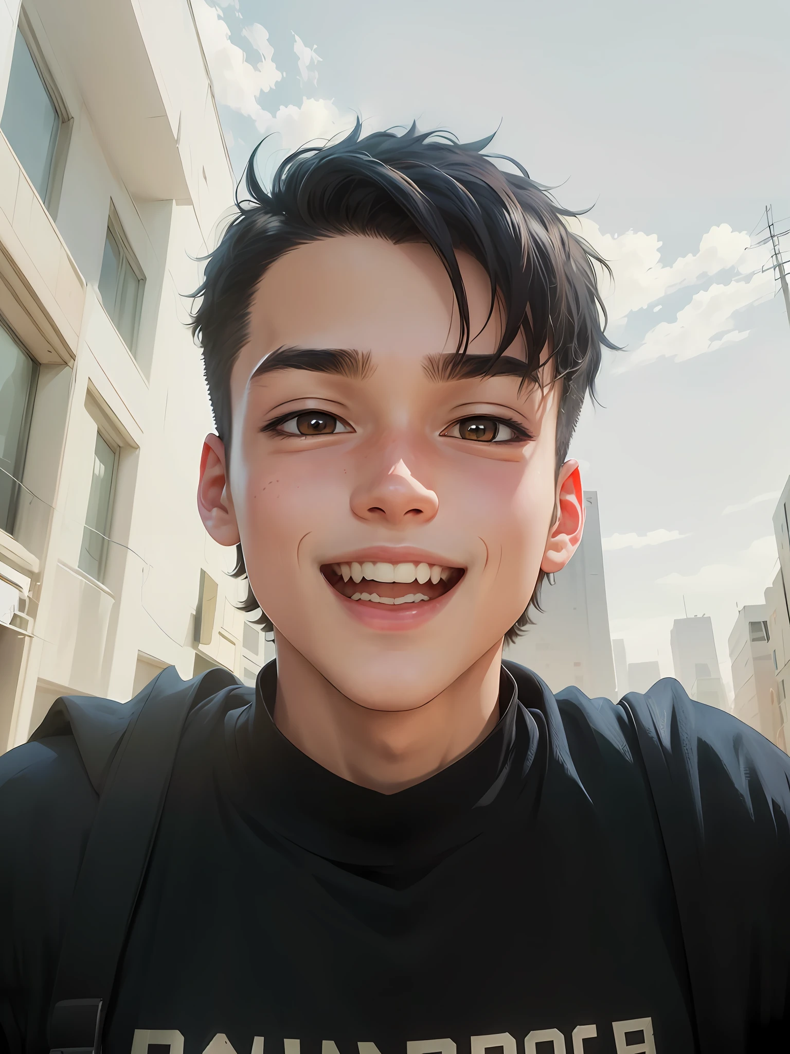 A boy, transformed into an anime style, with exaggerated unique facial features and clothing, standing on a bustling city street, backlit background highlighting the subject, high-contrast colors, 4K high-definition quality,young, smiling, handsome