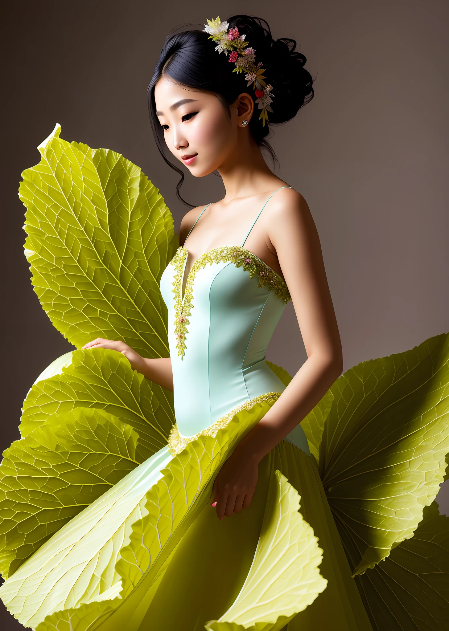 Fashion model photoshoot, ballet dress made of cabbage leaves, cabbage leaves in various shapes and colors, strong sense of design, medium shot, asian girl, long hair, hair accessories, delicate skin, smiling, wide field in the background, high quality, natural light