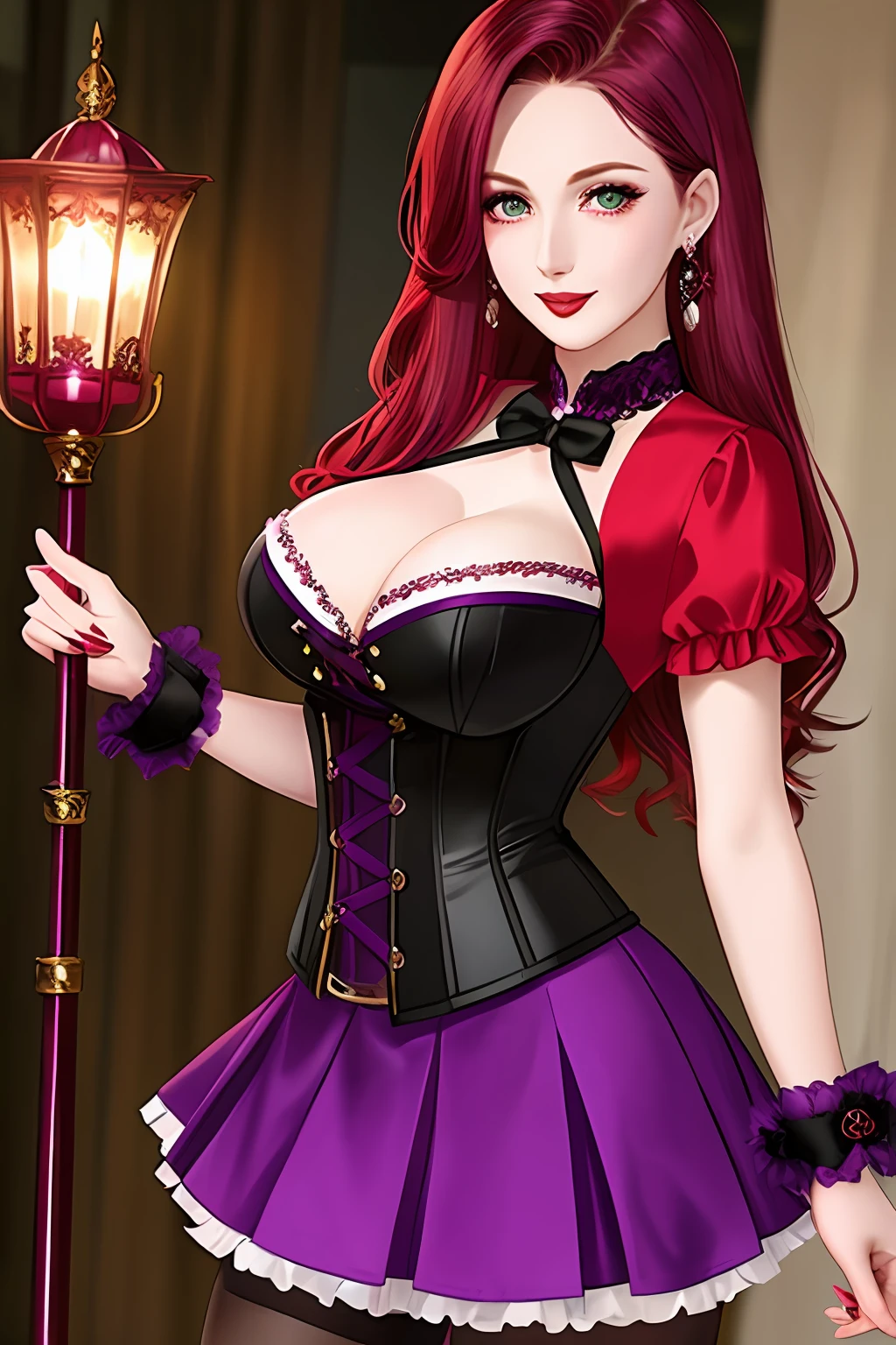 A woman with different eye colors, one Green Right eye, Purple Left eye, (pale skin: 1.3), Long Crimson hair, Red shirt, Purple Corset, Red skirt, Black leggings, Full Body, C Cup Breasts, Smile, candy pink lips, staff in hand