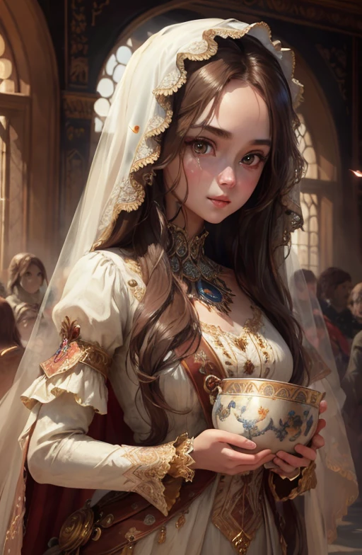 ((8k masterpieces)), best quality, incredibly detailed, (1 girl), long brown hair, delicate face, bright eyes, wide angle, veil effects.
