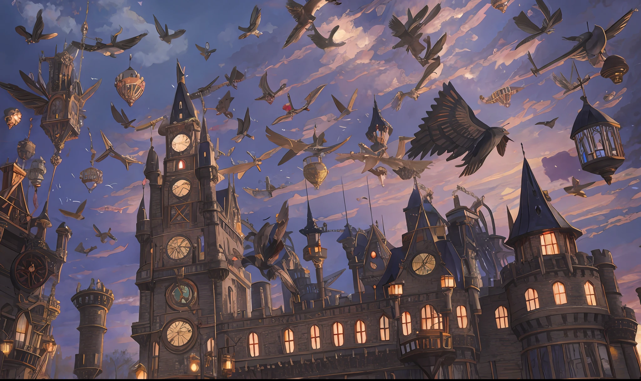 [flying steampunk victorian castle with mechanical wings, Castle with cogwheels, a giant airship hangs above the castle and parts of the castle, flying castle in the sky with birds around]+[flying victorian castle with mechanical wings, hot air balloons and airship hanging from the roof of the castle, Mechanism appearing in the walls of the castle, gray, dark colors, gray cloudy day]+[steampunk, ]--v6