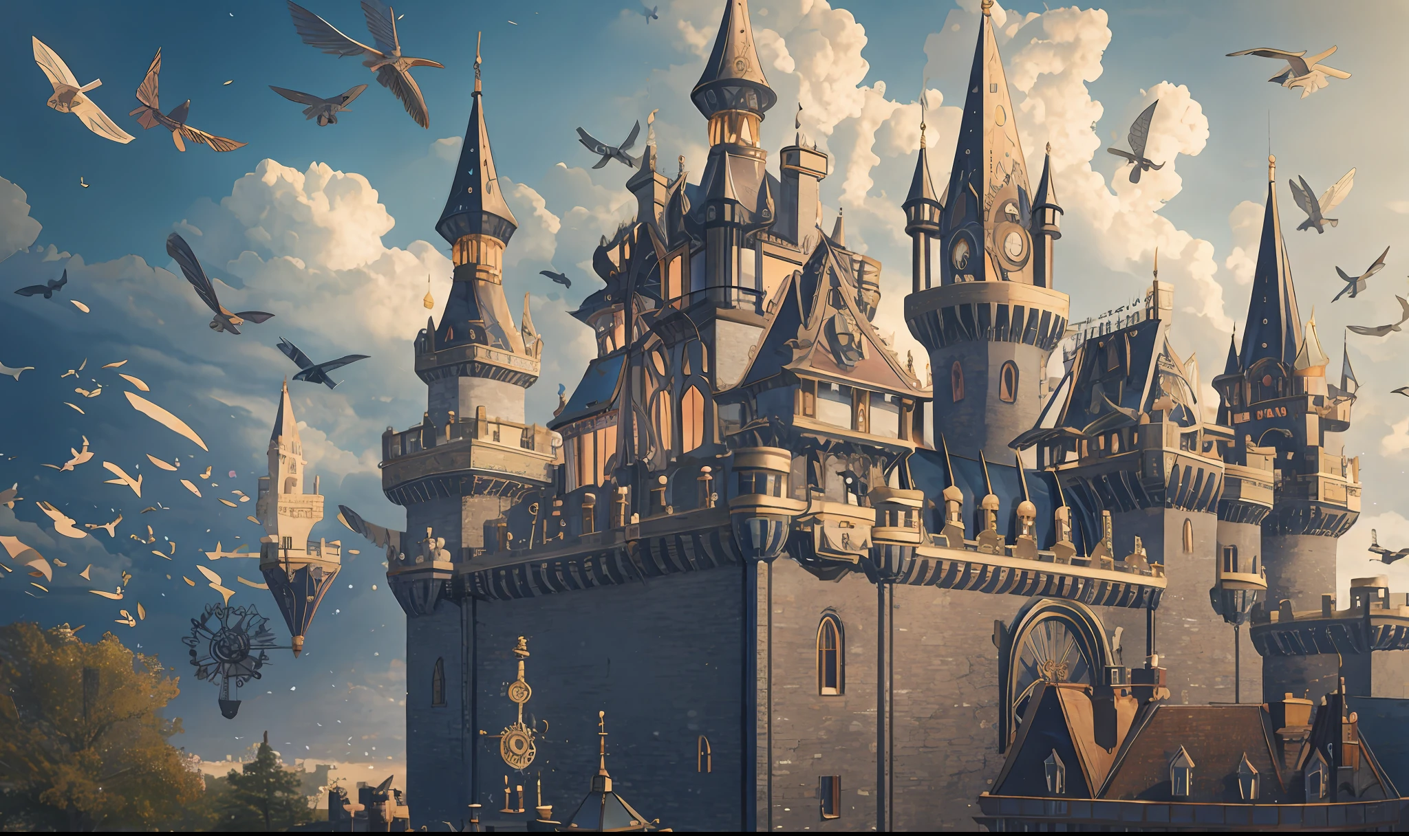 [flying steampunk victorian castle with mechanical wings, Castle with cogwheels, a giant airship hangs above the castle and parts of the castle, flying castle in the sky with birds around]+[flying victorian castle with mechanical wings, hot air balloons and airship hanging from the roof of the castle, Mechanism appearing in the walls of the castle, gray, dark colors, gray cloudy day]+[steampunk, ]--v6