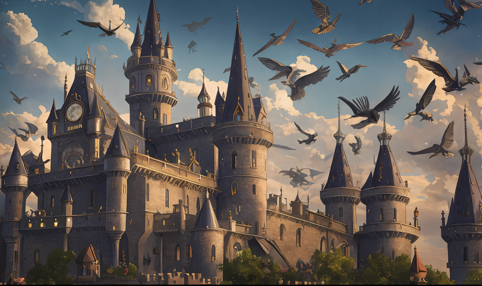 [flying steampunk victorian castle with mechanical wings, Castle with cogwheels, a giant airship hangs above the castle and parts of the castle, flying castle in the sky with birds around]+[flying victorian castle with mechanical wings, hot air balloons and airship hanging from the roof of the castle, Mechanism appearing in the walls of the castle, gray, dark colors, gray cloudy day]+[steampunk, ]--v6