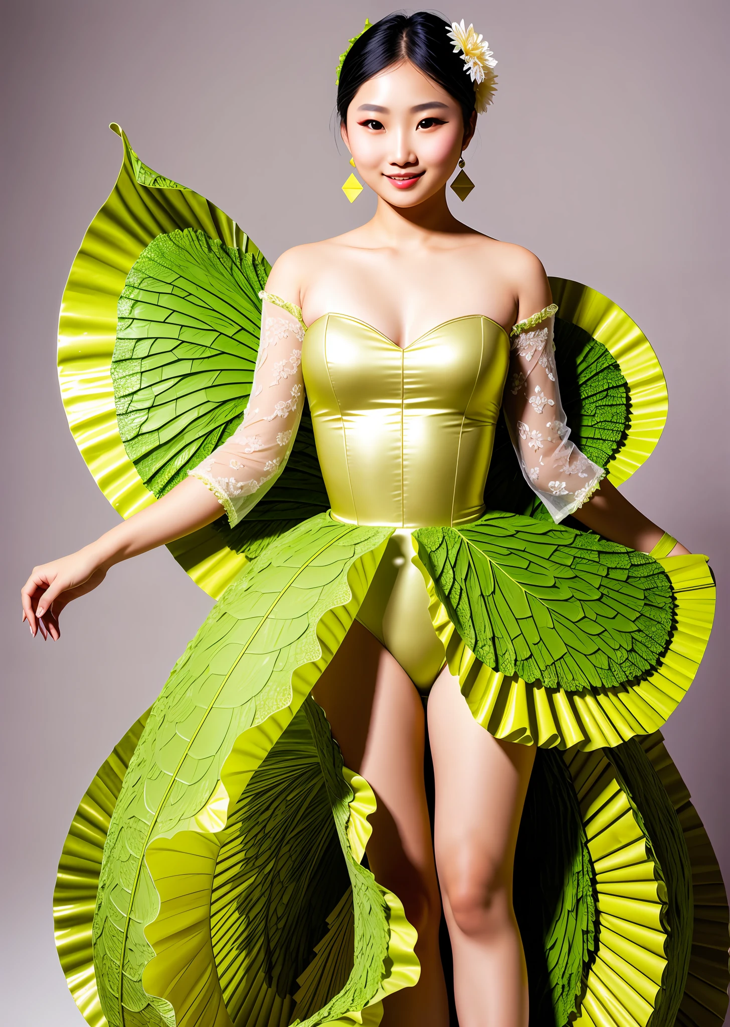 Fashion model photoshoot, ballet dress made of cabbage leaves, cabbage leaves in various shapes and colors, strong sense of design, medium shot, asian girl, long hair, hair accessories, delicate skin, smiling, wide field in the background, high quality, natural light