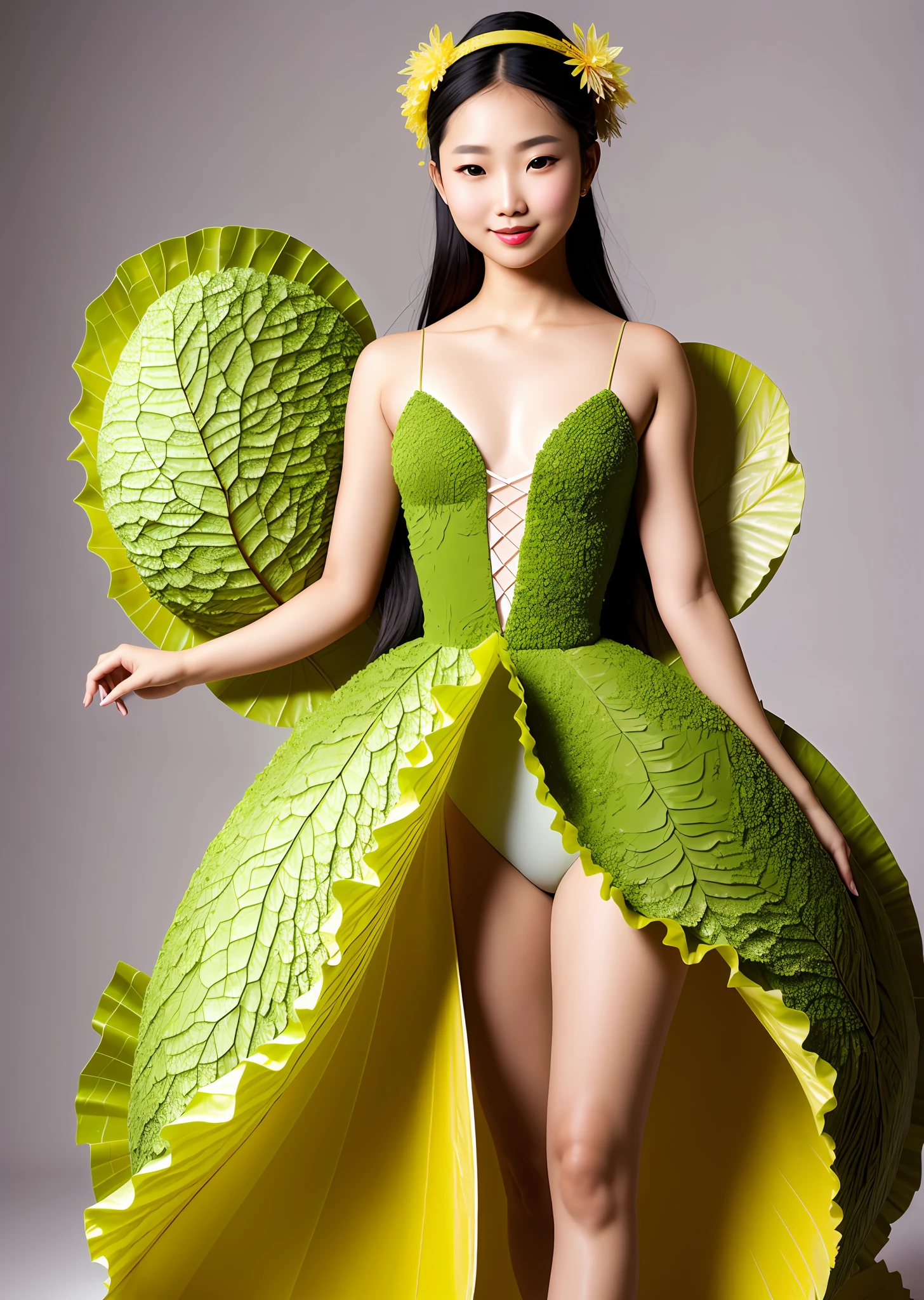 Fashion model photoshoot, ballet dress made of cabbage leaves, cabbage leaves in various shapes and colors, strong sense of design, medium shot, asian girl, long hair, hair accessories, delicate skin, smiling, wide field in the background, high quality, natural light