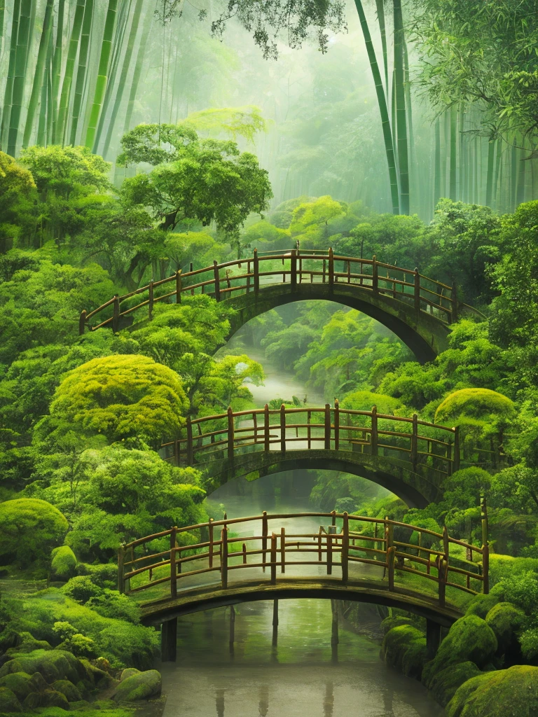 A country full of dreamy mist, a bridge and an antique garden, the bamboo forest on the side, the wet wooden bridge after the rain, looks extra relaxing, deep field, masterpiece, best quality, 3d, Realistic, High Quality Textures