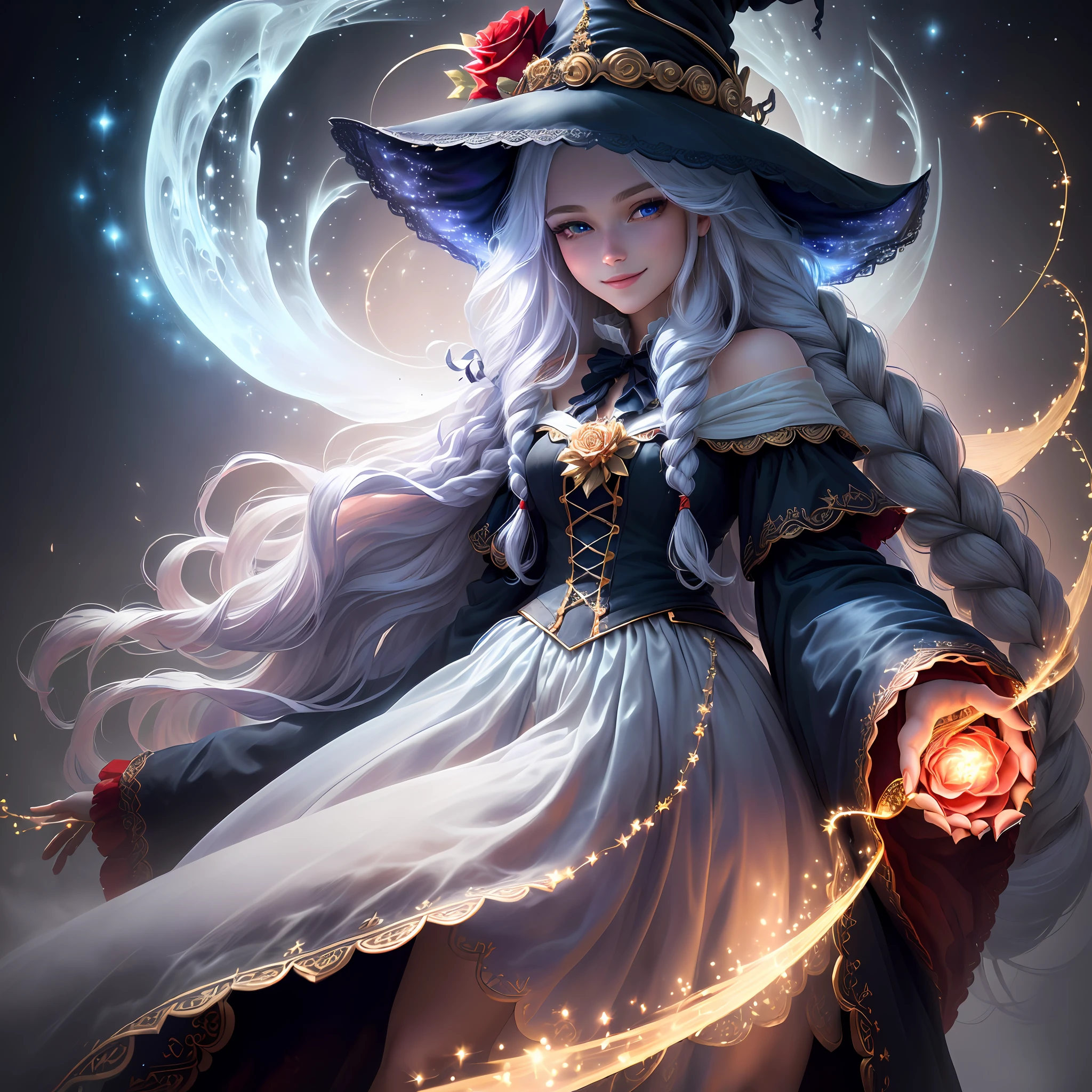 (extremely detailed CG unity 8k wallpaper, masterpiece, best quality, super detail), (charming and charming girl in a deep witch hat decorated with gorgeous golden braids and a charming red rose), (dynamic view, dazzling blue eyes, long silver hair: 1.3, exquisite collection, enchanting smile), (background of magic and mystery, firefly lights, glowing particles, ethereal fog and a shade of darkness), high saturation.