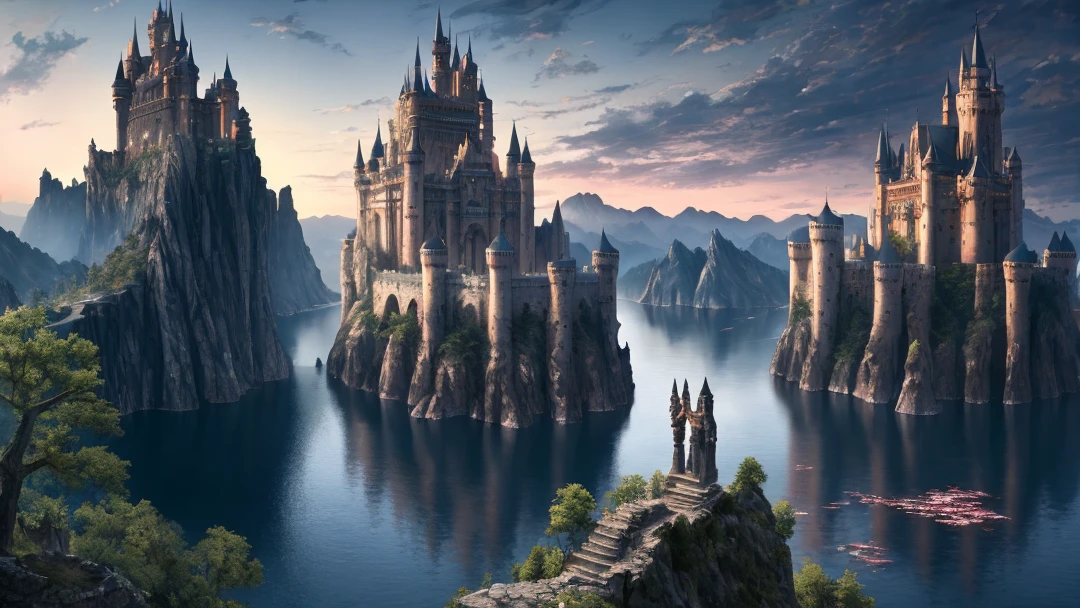 Masterpiece, best quality, high quality, extremely detailed CG unity 8k wallpaper, landscape, outdoor, sky, clouds, dusk, no humans, castle, gothic, mountain, landscape, water, tree, blood moon, waterfall, Cliffs, Nature, Lakes, Rivers, Cloudy Sky, Award Winning Photography, Bokeh, Depth of Field, HDR, Blooming, Chromatic Aberration, Photorealistic, Very Detailed, Intricate, High Detail, Dramatic, Castlevania,