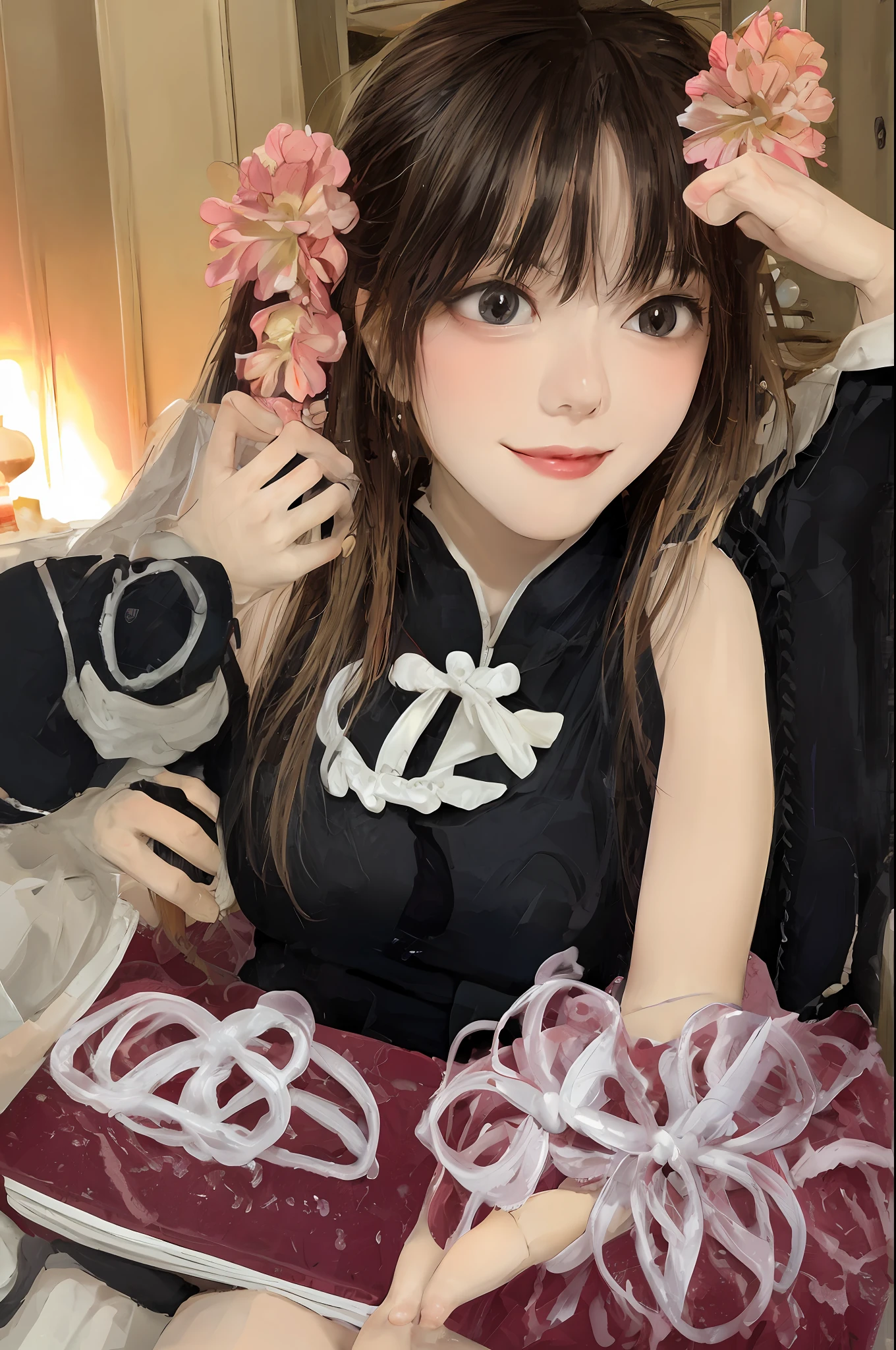 Red and black hair, twin ponytails, jk uniform, lying on the bed, (legs spread apart)