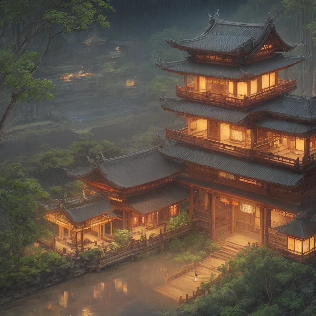 Bamboo Forest, Path, Temple, Pavilion, Tower, Bridge, River, Night, Moon, Lamp, Nobody, Best, Masterpiece, Illustration, Wallpaper, Absurd, Aerial View, Aerial View: 0.3