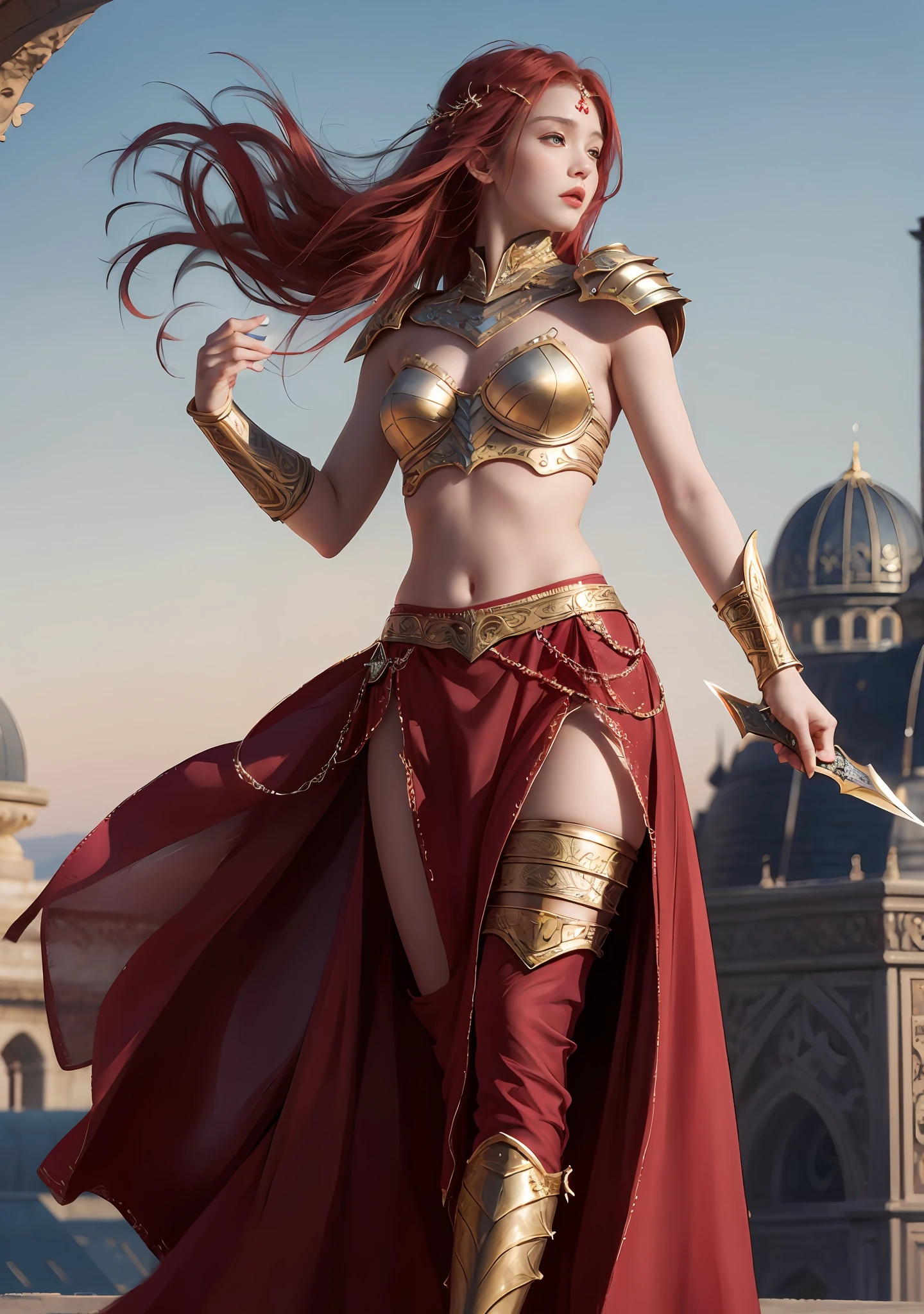 photo realistic (((aeolian as warrior))) wlop perfect full body HDR princess in skirt long red hair