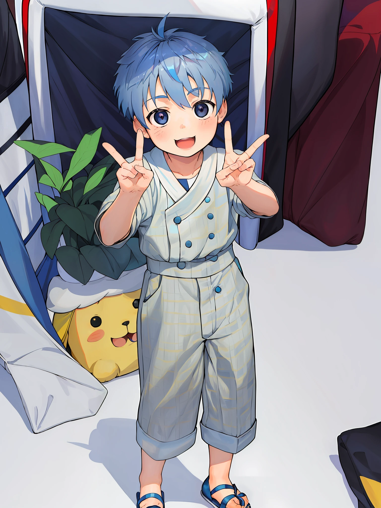 ((A cute **********)), the handsome prince is wearing slippers, raising his hands in gestures ✌🏻, full of happiness in p4 style, with a slightly cool tone close-up, (gray hair: 1.3+blue hair+short hair), looks Like a prince.