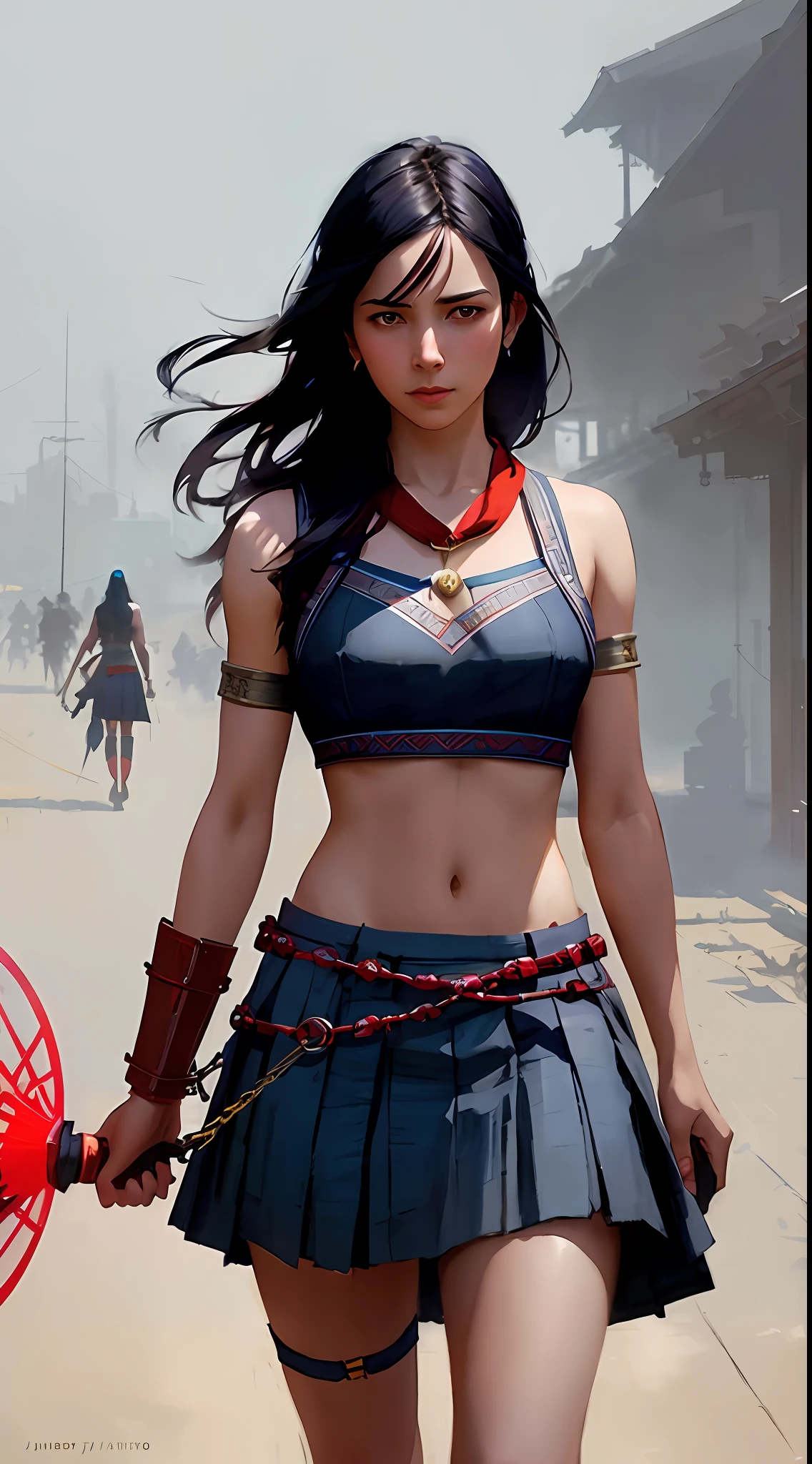 cute warrior in skirt, using indigo and red chains, with indigo arms, Atey Ghailan, by Jeremy Mann, Greg Manchess, Antonio Moro, trending on ArtStation, trending on CGSociety, Intricate, High Detail, Sharp focus, dramatic, photorealistic painting art by midjourney and greg rutkowski